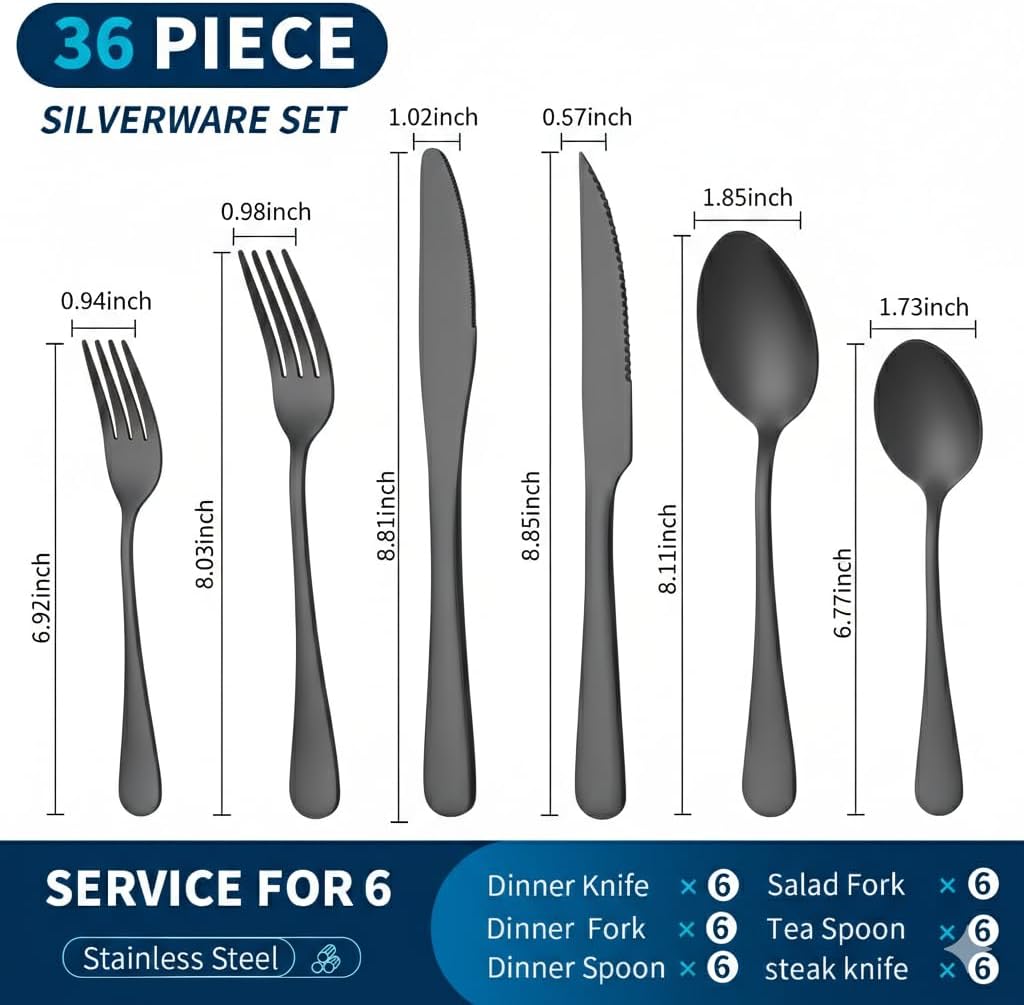 Black Silverware Set with Steak Knives, 24-Piece Flatware Set for 4 | Titanium Plated Black Eating Utensils Cutlery Set, Modern Mirror Finish Silverware Set for Kitchen & Home Dishwasher Safe