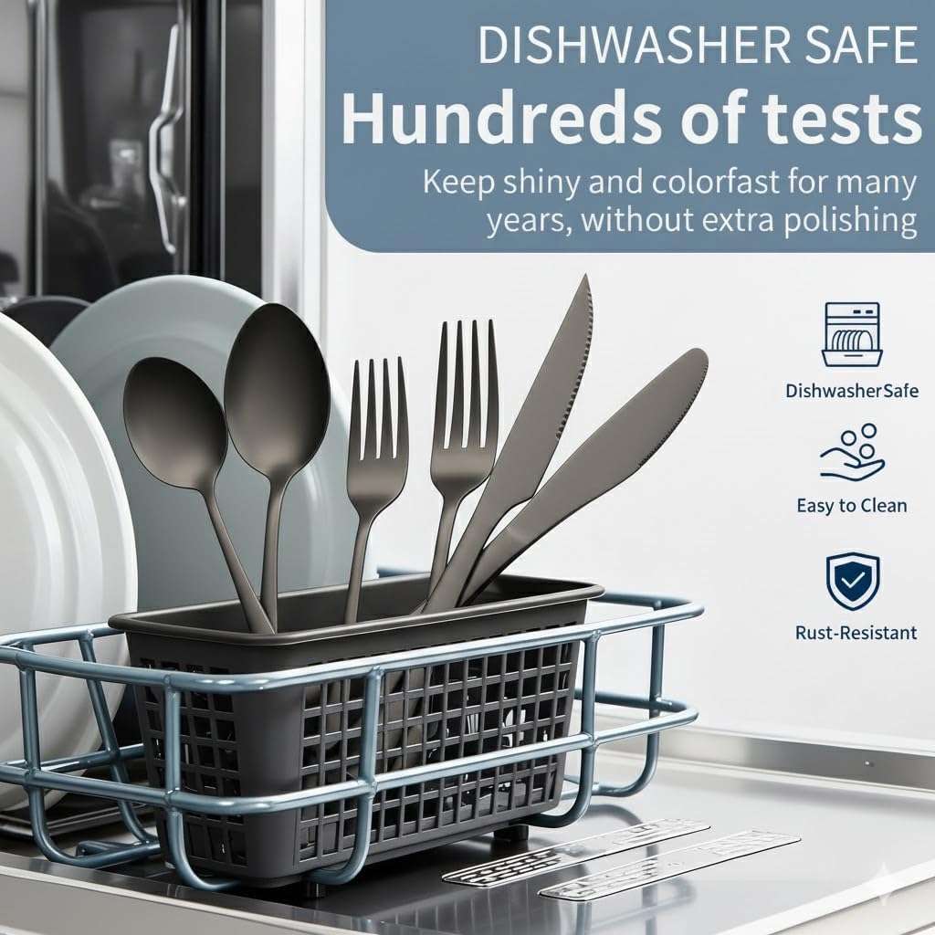 Black Silverware Set with Steak Knives, 24-Piece Flatware Set for 4 | Titanium Plated Black Eating Utensils Cutlery Set, Modern Mirror Finish Silverware Set for Kitchen & Home Dishwasher Safe