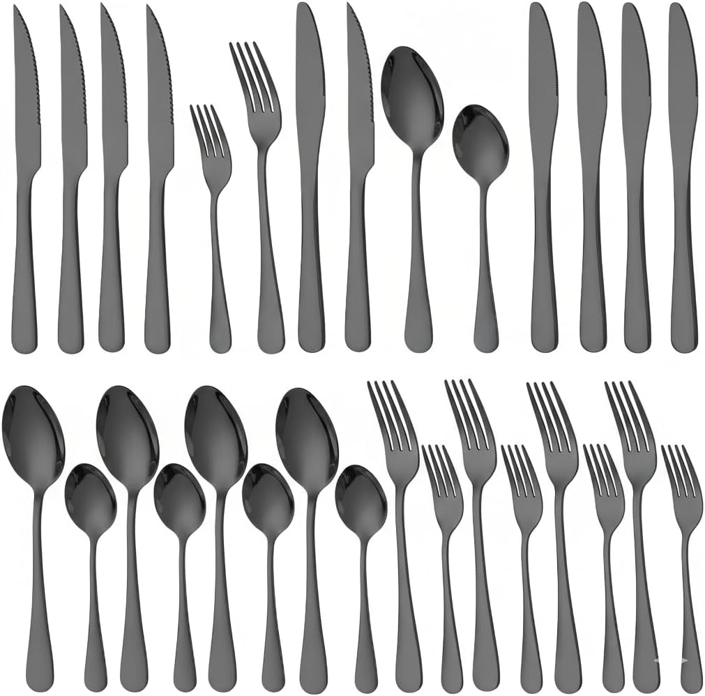 Black Silverware Set with Steak Knives, 24-Piece Flatware Set for 4 | Titanium Plated Black Eating Utensils Cutlery Set, Modern Mirror Finish Silverware Set for Kitchen & Home Dishwasher Safe