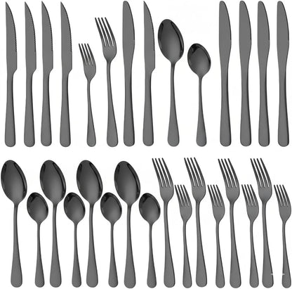 Black Silverware Set with Steak Knives, 24-Piece Flatware Set for 4 | Titanium Plated Black Eating Utensils Cutlery Set, Modern Mirror Finish Silverware Set for Kitchen & Home Dishwasher Safe