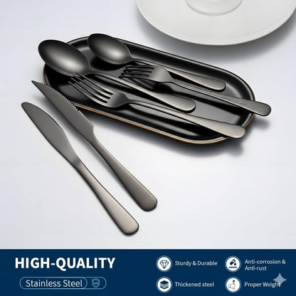 Black Silverware Set with Steak Knives, 24-Piece Flatware Set for 4 | Titanium Plated Black Eating Utensils Cutlery Set, Modern Mirror Finish Silverware Set for Kitchen & Home Dishwasher Safe