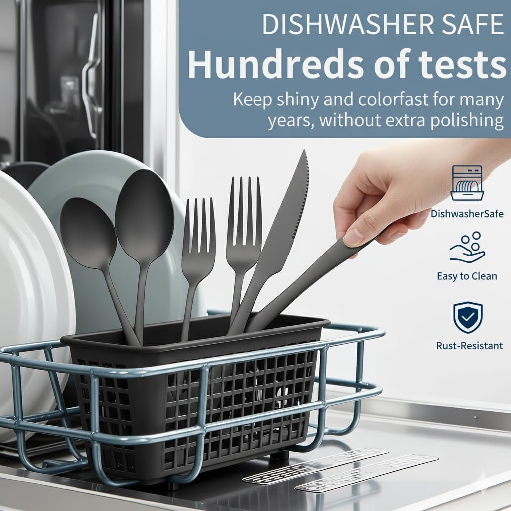 Black Silverware Set with Steak Knives, 24-Piece Flatware Set for 4 | Titanium Plated Black Eating Utensils Cutlery Set, Modern Mirror Finish Silverware Set for Kitchen & Home Dishwasher Safe
