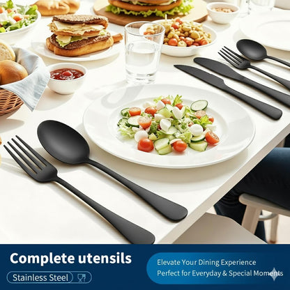 Black Silverware Set with Steak Knives, 24-Piece Flatware Set for 4 | Titanium Plated Black Eating Utensils Cutlery Set, Modern Mirror Finish Silverware Set for Kitchen & Home Dishwasher Safe