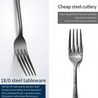 Black Silverware Set with Steak Knives, 24-Piece Flatware Set for 4 | Titanium Plated Black Eating Utensils Cutlery Set, Modern Mirror Finish Silverware Set for Kitchen & Home Dishwasher Safe