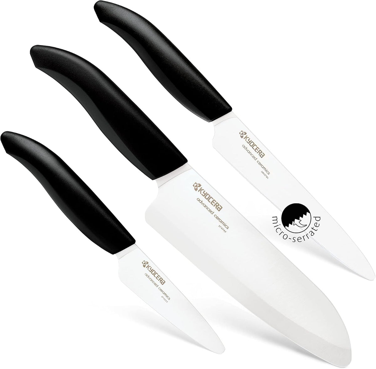 Advanced Ceramics – Revolution Series 3-Piece Ceramic Knife Set: Includes 6-inch Chef's Knife; 5-inch Micro Serrated Knife; and 3-inch Paring Knife; Black Handles with White Blades