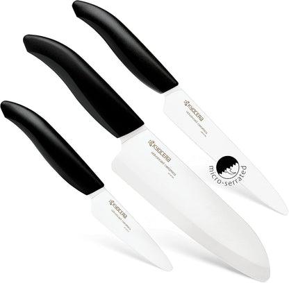 Advanced Ceramics – Revolution Series 3-Piece Ceramic Knife Set: Includes 6-inch Chef's Knife; 5-inch Micro Serrated Knife; and 3-inch Paring Knife; Black Handles with White Blades