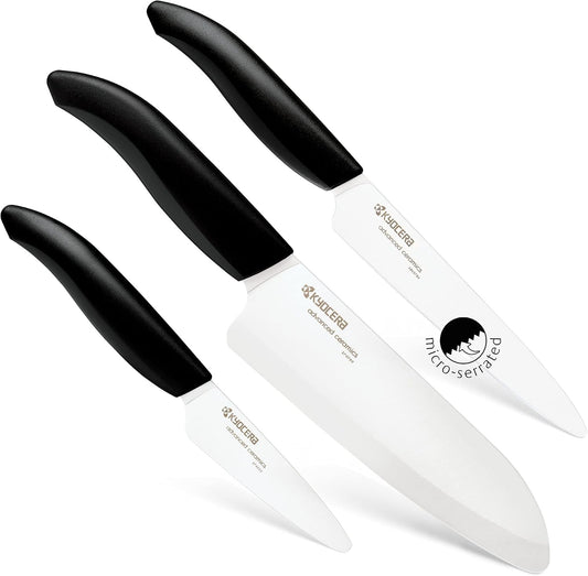 Advanced Ceramics – Revolution Series 3-Piece Ceramic Knife Set: Includes 6-inch Chef's Knife; 5-inch Micro Serrated Knife; and 3-inch Paring Knife; Black Handles with White Blades