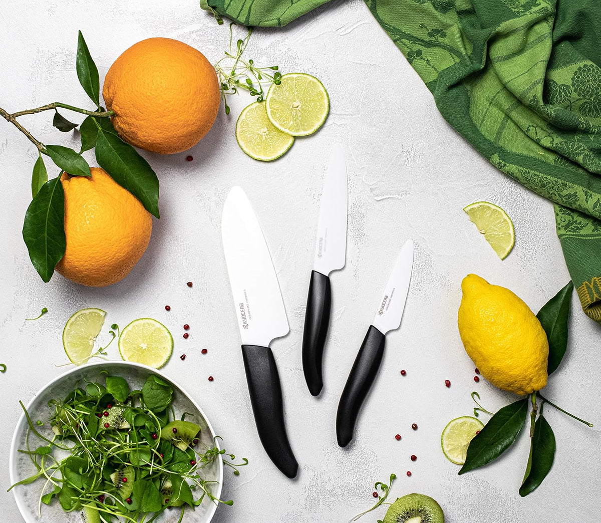 Advanced Ceramics – Revolution Series 3-Piece Ceramic Knife Set: Includes 6-inch Chef's Knife; 5-inch Micro Serrated Knife; and 3-inch Paring Knife; Black Handles with White Blades