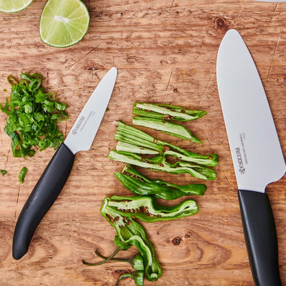 Advanced Ceramics – Revolution Series 3-Piece Ceramic Knife Set: Includes 6-inch Chef's Knife; 5-inch Micro Serrated Knife; and 3-inch Paring Knife; Black Handles with White Blades