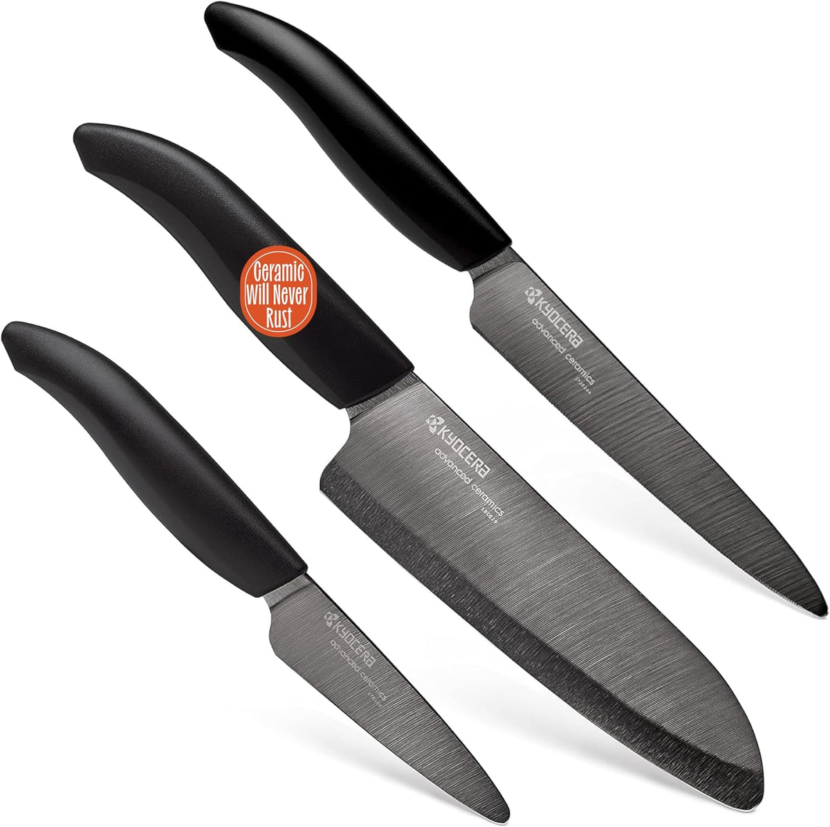 Advanced Ceramics – Revolution Series 3-Piece Ceramic Knife Set: Includes 6-inch Chef's Knife; 5-inch Micro Serrated Knife; and 3-inch Paring Knife; Black Handles with White Blades