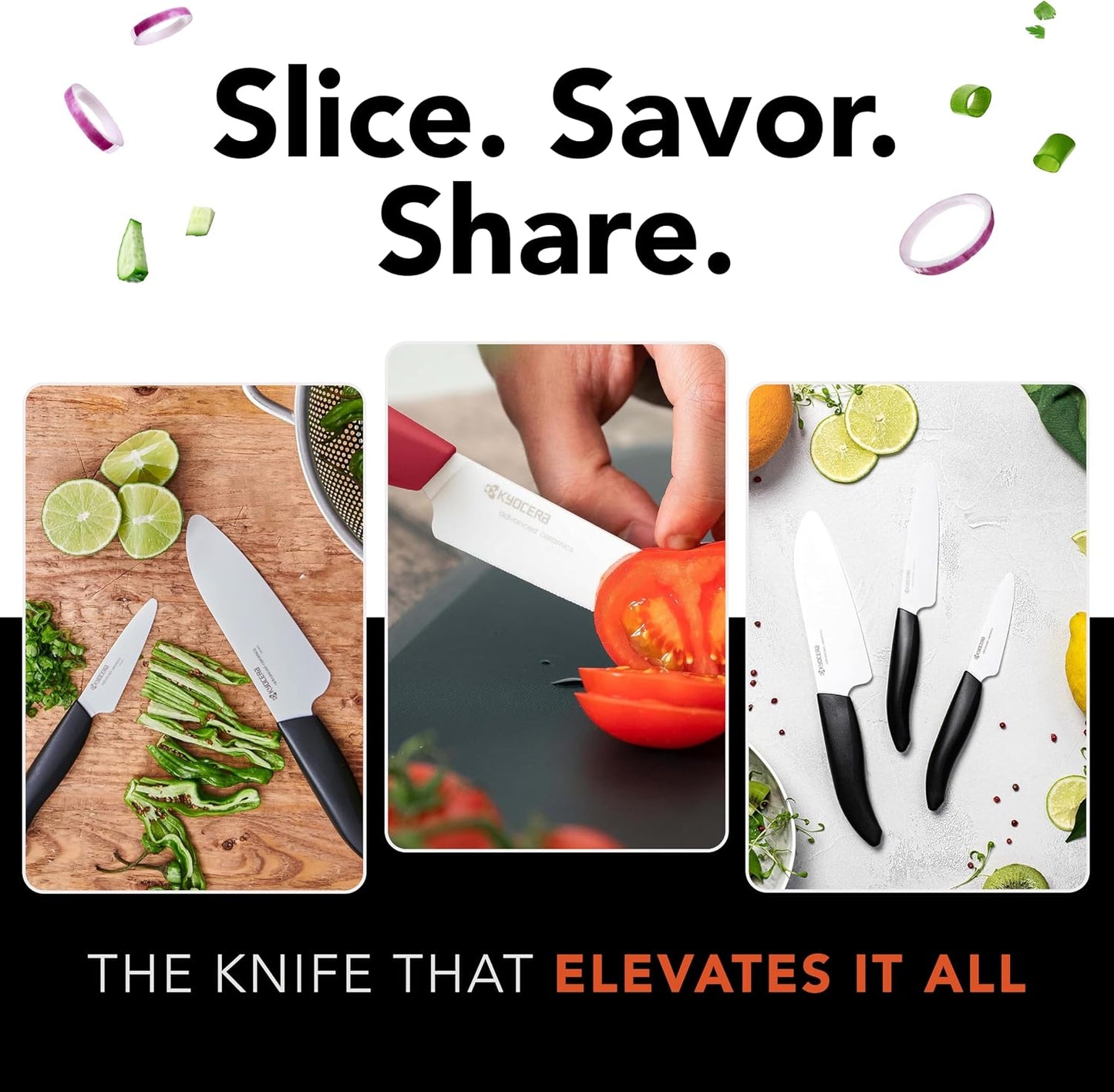Advanced Ceramics – Revolution Series 3-Piece Ceramic Knife Set: Includes 6-inch Chef's Knife; 5-inch Micro Serrated Knife; and 3-inch Paring Knife; Black Handles with White Blades