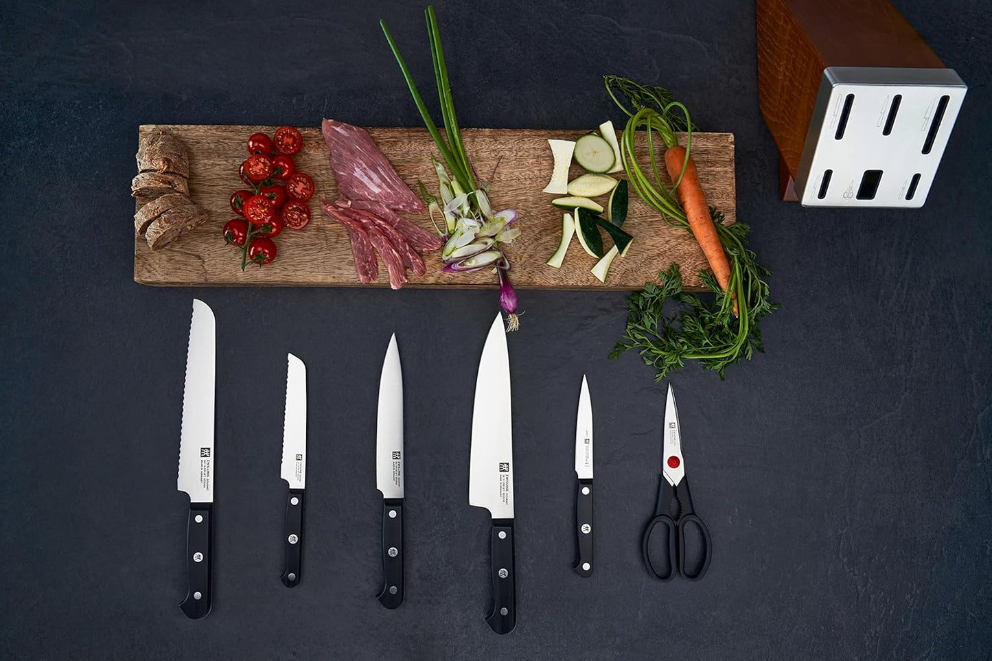 36133-000-0 7-piece Self-sharpening Knife Block Set, Wooden Block, Knife and Scissors made of Special Stainless Steel/Plastic Handle, Gourmet