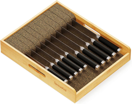 Large Knife Drawer Organizer Bamboo Insert Dock, Kitchen Steak Knives Holder Organizers Block for Drawer in Storage Organization (Large)