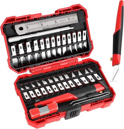 31-Piece Precision Hobby Knife Set, Craft Knives with 26pcs Blades, Exacto Knife Set Included Tweezers, Grindstone, Steel Ruler and Storage Case, for Art Work, Scrapbooking, Stencil, Modeling