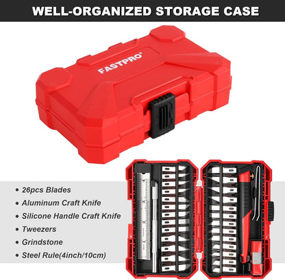 31-Piece Precision Hobby Knife Set, Craft Knives with 26pcs Blades, Exacto Knife Set Included Tweezers, Grindstone, Steel Ruler and Storage Case, for Art Work, Scrapbooking, Stencil, Modeling