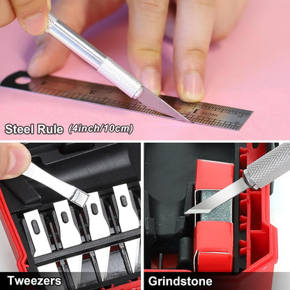 31-Piece Precision Hobby Knife Set, Craft Knives with 26pcs Blades, Exacto Knife Set Included Tweezers, Grindstone, Steel Ruler and Storage Case, for Art Work, Scrapbooking, Stencil, Modeling