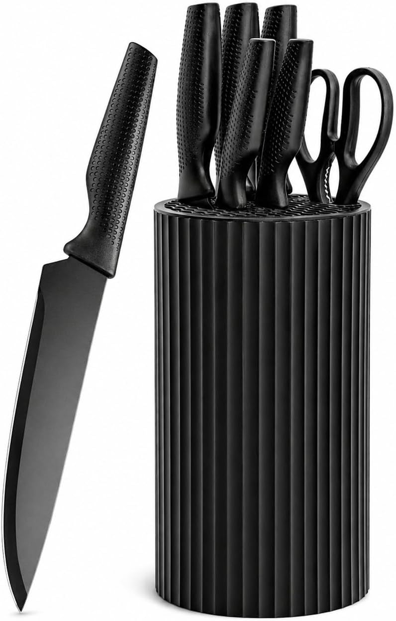 Kitchen Knife Set with Block, 7-Piece Compact Knife Block Set with Scissors, Space-Saving Stainless Steel Kitchen Knives for Small Kitchens, Apartments RV Everyday Cooking, Dishwasher Safe, Black