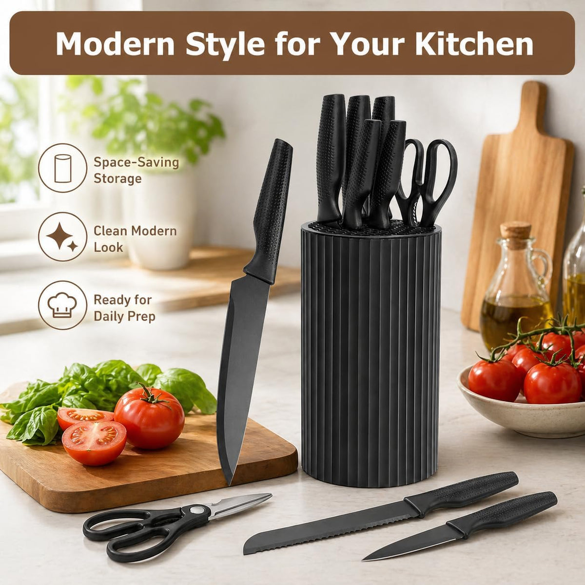 Kitchen Knife Set with Block, 7-Piece Compact Knife Block Set with Scissors, Space-Saving Stainless Steel Kitchen Knives for Small Kitchens, Apartments RV Everyday Cooking, Dishwasher Safe, Black