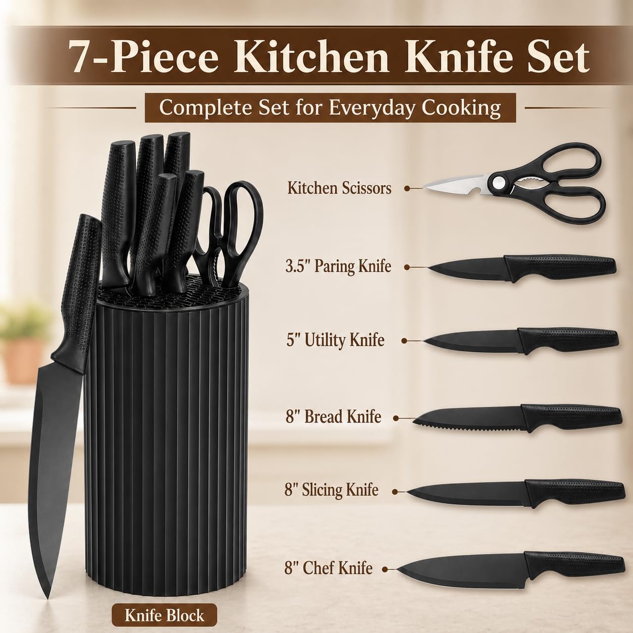Kitchen Knife Set with Block, 7-Piece Compact Knife Block Set with Scissors, Space-Saving Stainless Steel Kitchen Knives for Small Kitchens, Apartments RV Everyday Cooking, Dishwasher Safe, Black
