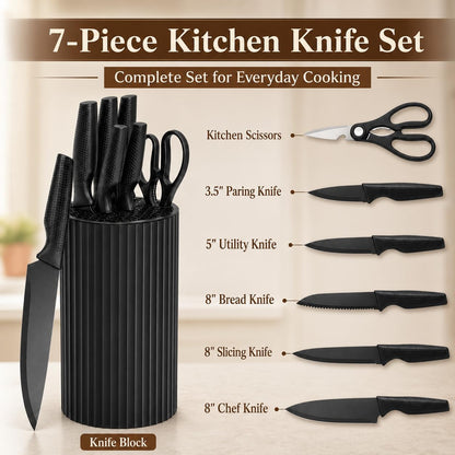 Kitchen Knife Set with Block, 7-Piece Compact Knife Block Set with Scissors, Space-Saving Stainless Steel Kitchen Knives for Small Kitchens, Apartments RV Everyday Cooking, Dishwasher Safe, Black