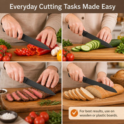Kitchen Knife Set with Block, 7-Piece Compact Knife Block Set with Scissors, Space-Saving Stainless Steel Kitchen Knives for Small Kitchens, Apartments RV Everyday Cooking, Dishwasher Safe, Black