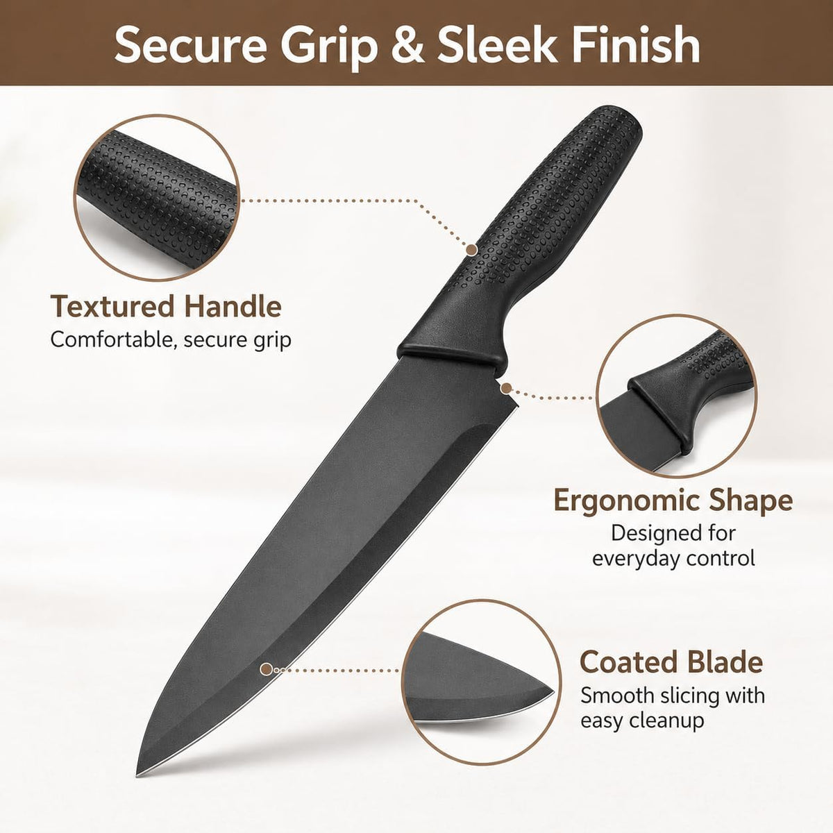 Kitchen Knife Set with Block, 7-Piece Compact Knife Block Set with Scissors, Space-Saving Stainless Steel Kitchen Knives for Small Kitchens, Apartments RV Everyday Cooking, Dishwasher Safe, Black