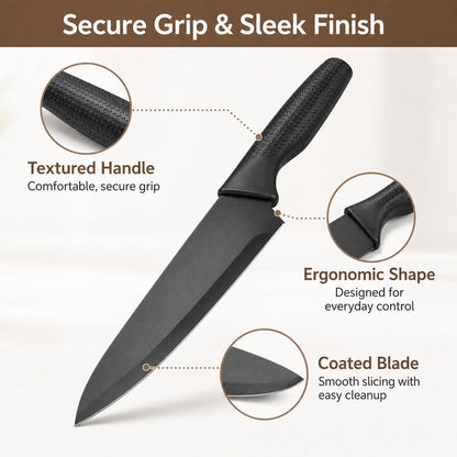 Kitchen Knife Set with Block, 7-Piece Compact Knife Block Set with Scissors, Space-Saving Stainless Steel Kitchen Knives for Small Kitchens, Apartments RV Everyday Cooking, Dishwasher Safe, Black