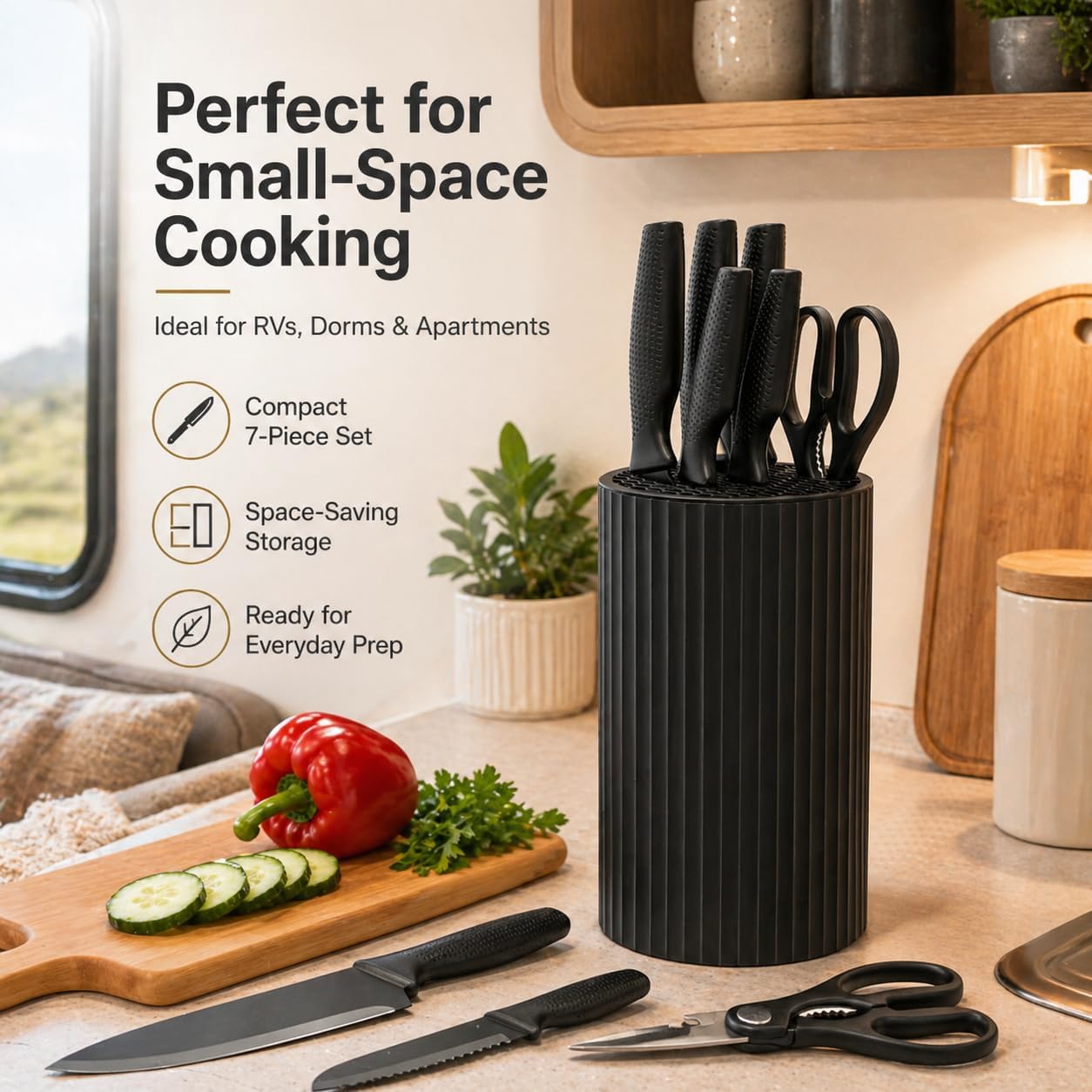 Kitchen Knife Set with Block, 7-Piece Compact Knife Block Set with Scissors, Space-Saving Stainless Steel Kitchen Knives for Small Kitchens, Apartments RV Everyday Cooking, Dishwasher Safe, Black