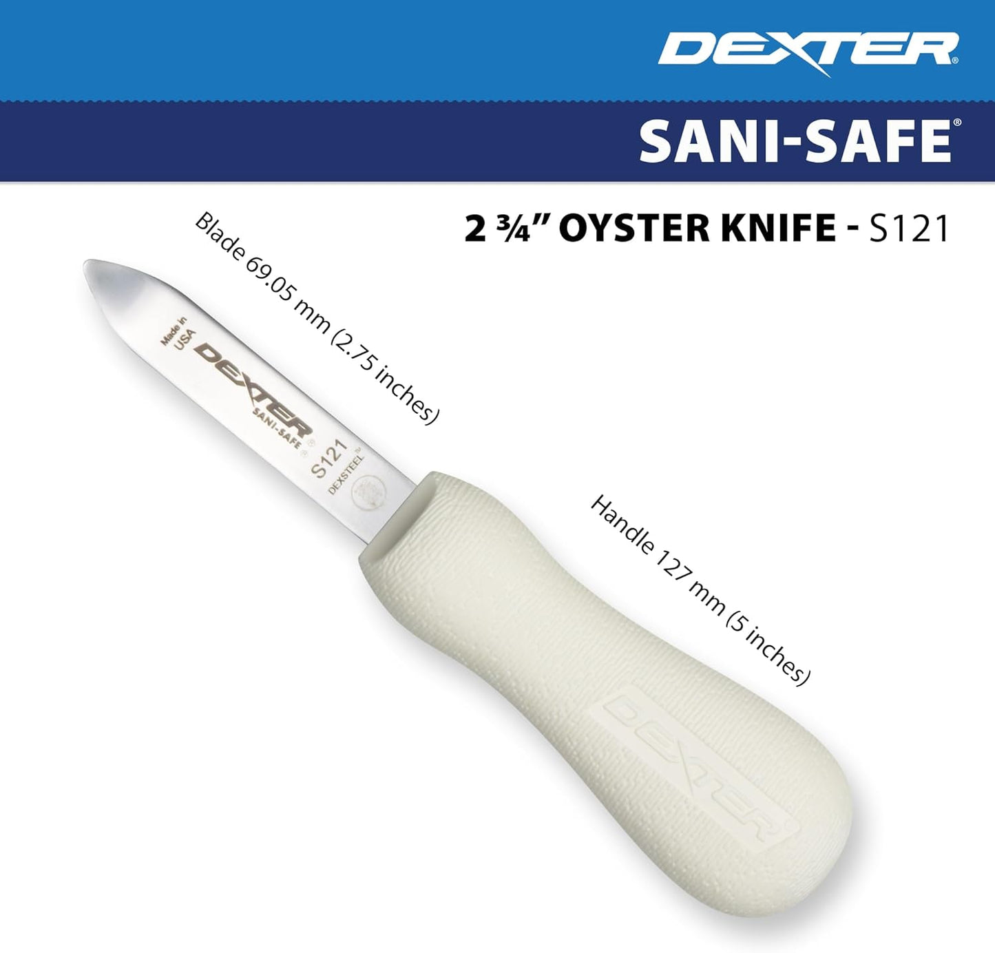 Dexter-Russell Sani-Safe 2.75" New Haven Oyster Knife, Carbon Steel | Classic New Haven pattern blade with bent tip that pops oysters open easily. Slip-resistant grip for raw bar and home use.