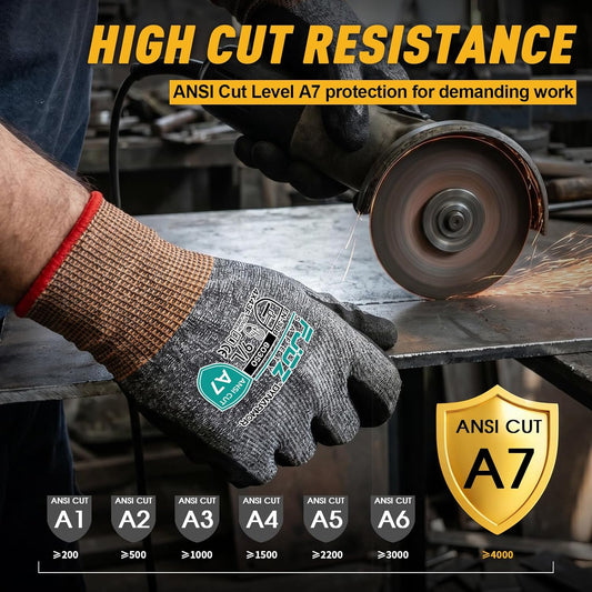 Cut Resistant Work Gloves, ANSI A7 Cut Gloves Men & Women | 3 Pairs Touchscreen Nitrile Coated Safety Gloves with Firm Grip for Glass Cutting,Metalwork,Woodworking,Fishing