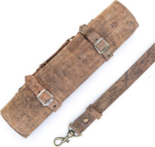 Knife Roll Bag Genuine Leather – knife case for Chefs 7 slots – Leather Knife with handle and strap Frank (Brown-Antique)