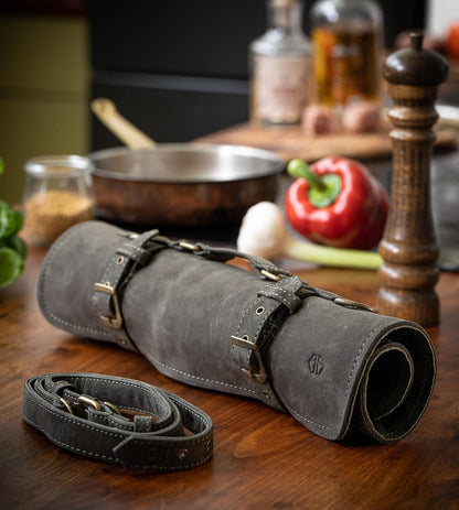 Knife Roll Bag Genuine Leather – knife case for Chefs 7 slots – Leather Knife with handle and strap Frank (Brown-Antique)