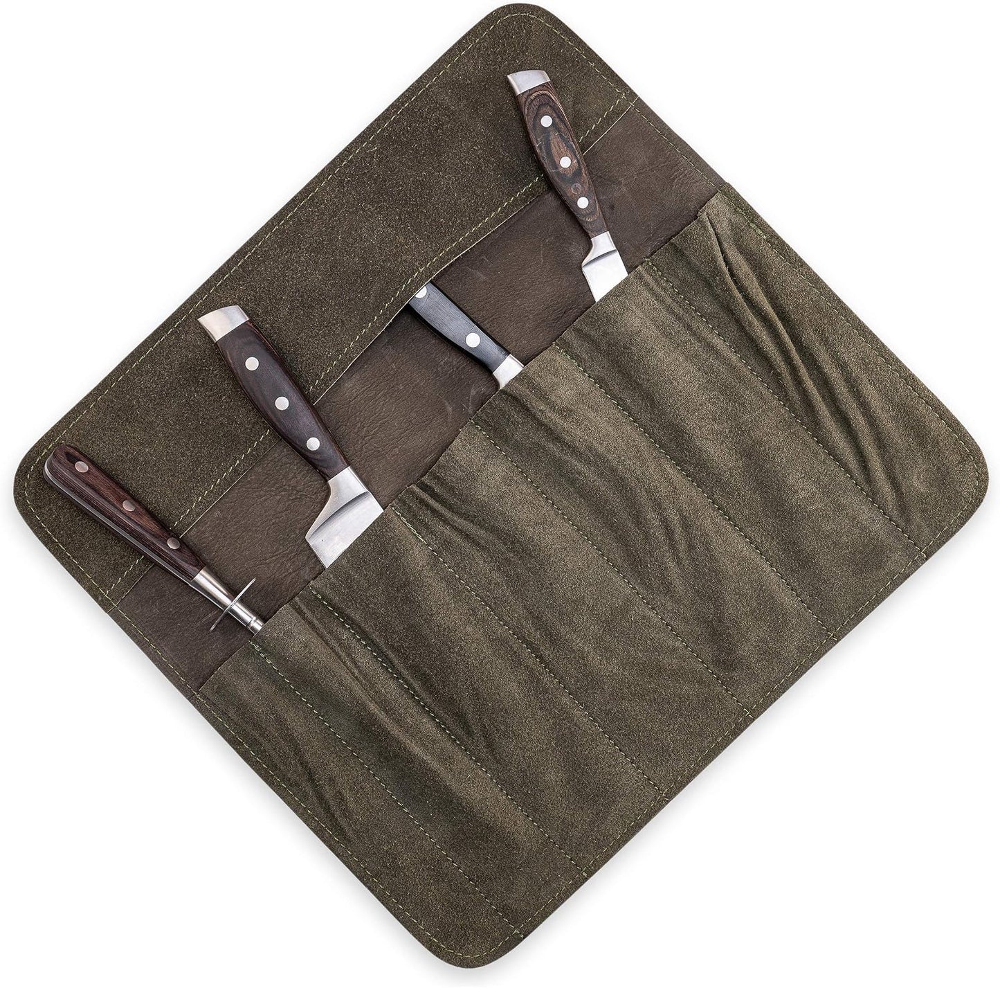 Knife Roll Bag Genuine Leather – knife case for Chefs 7 slots – Leather Knife with handle and strap Frank (Brown-Antique)