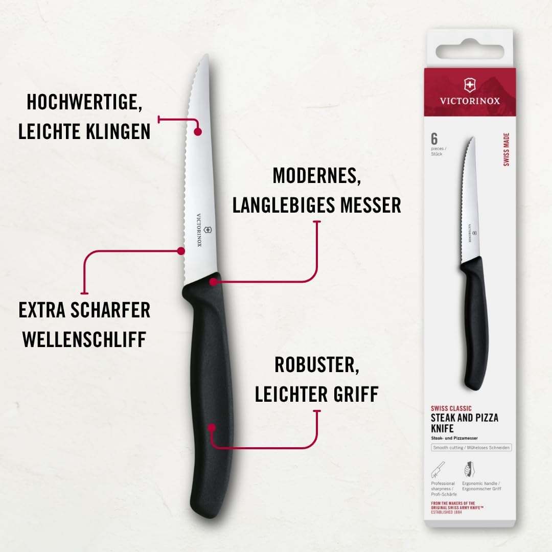 Swiss Classic 6-Piece Steak Knife Set - Serrated Edge, Black