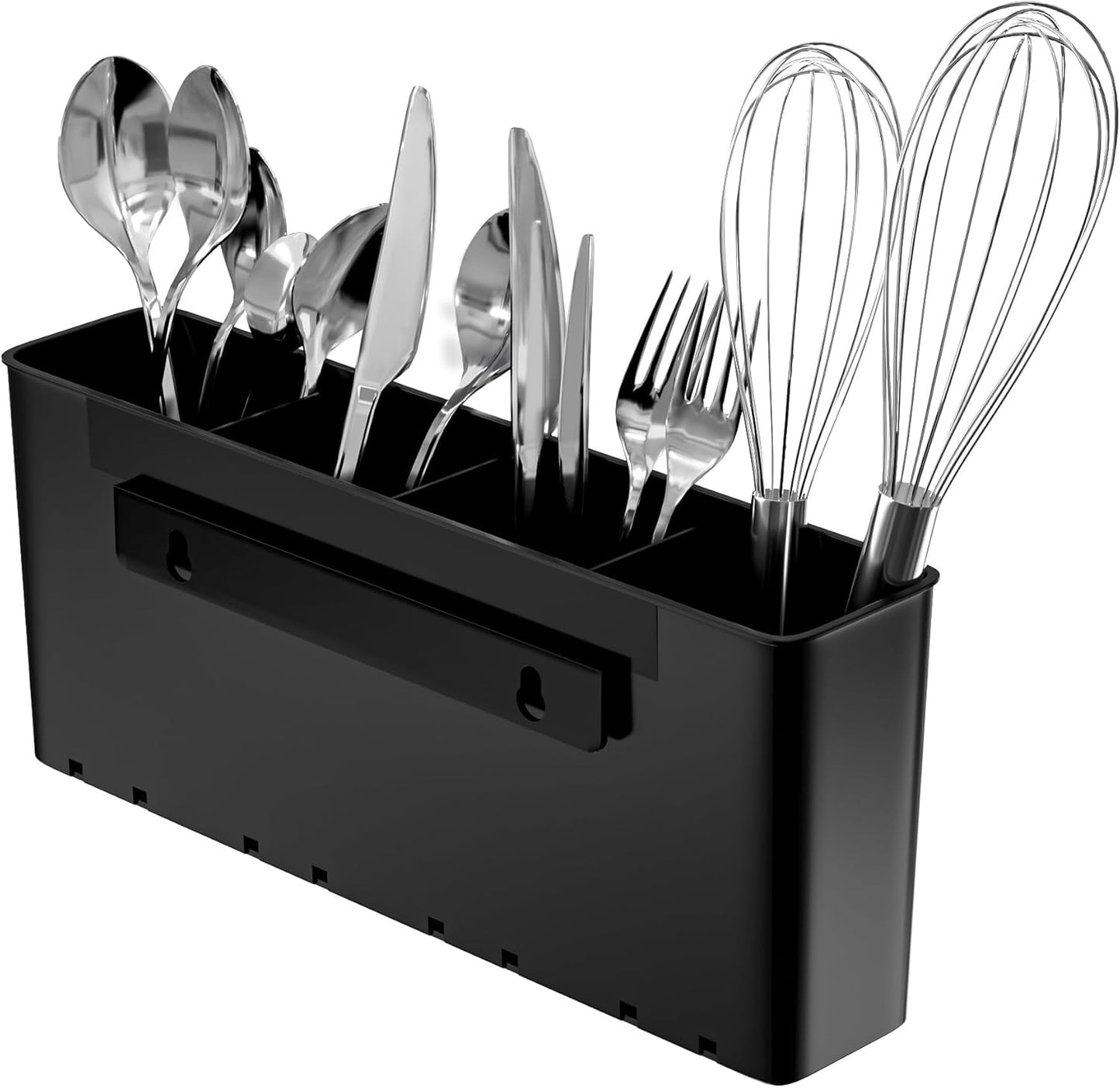 Dish Rack Utensil Holder, Hanging Cutlery Drainer Caddy with Hooks, 2 Compartment Flatware Organizer for Forks, Spoons, Knives, Fits Over Most Dish Drying Racks, Black
