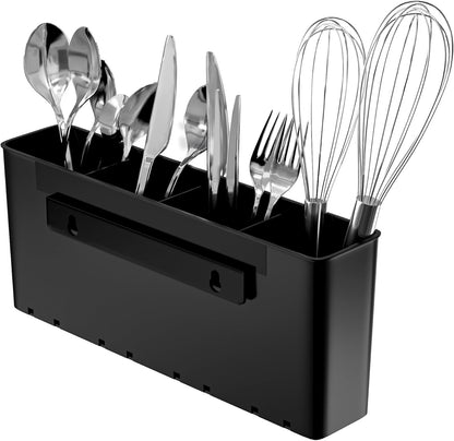 Dish Rack Utensil Holder, Hanging Cutlery Drainer Caddy with Hooks, 2 Compartment Flatware Organizer for Forks, Spoons, Knives, Fits Over Most Dish Drying Racks, Black