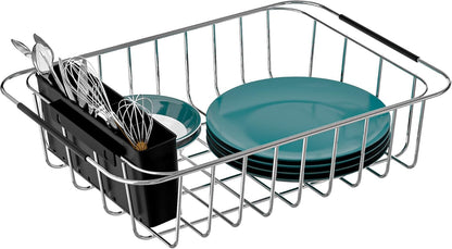 Dish Rack Utensil Holder, Hanging Cutlery Drainer Caddy with Hooks, 2 Compartment Flatware Organizer for Forks, Spoons, Knives, Fits Over Most Dish Drying Racks, Black