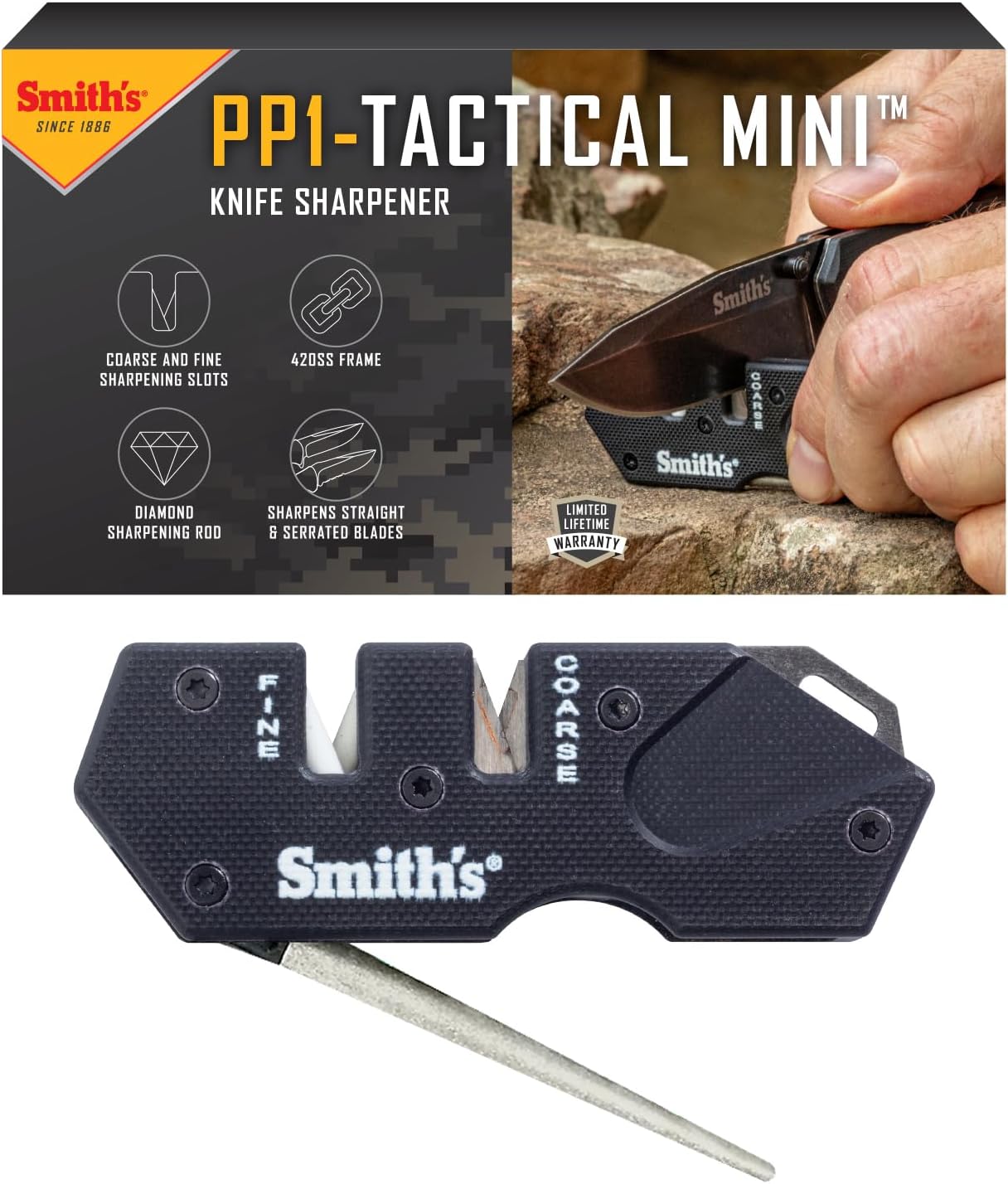 Smith’s Pocket Pal Tactical Knife Sharpener - 2 Stage Sharpener & Diamond Sharpening Rod - Pocket Clip - Outdoor Hunting Knife & Hook Sharpener - Compact & Lightweight