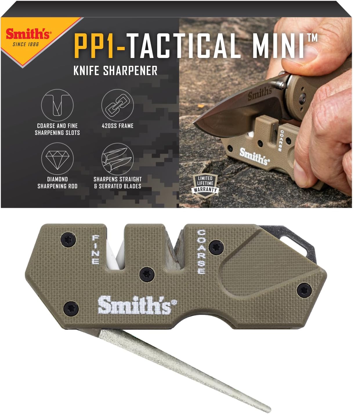 Smith’s Pocket Pal Tactical Knife Sharpener - 2 Stage Sharpener & Diamond Sharpening Rod - Pocket Clip - Outdoor Hunting Knife & Hook Sharpener - Compact & Lightweight