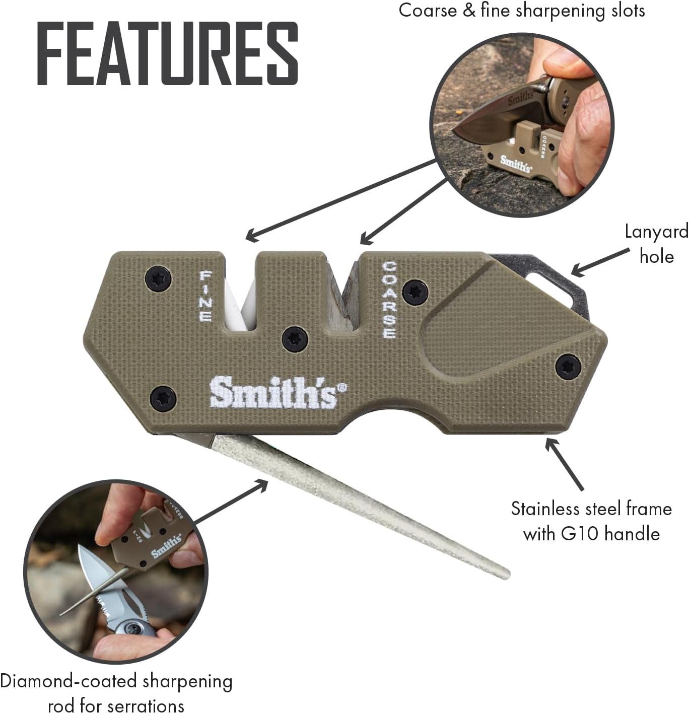 Smith’s Pocket Pal Tactical Knife Sharpener - 2 Stage Sharpener & Diamond Sharpening Rod - Pocket Clip - Outdoor Hunting Knife & Hook Sharpener - Compact & Lightweight