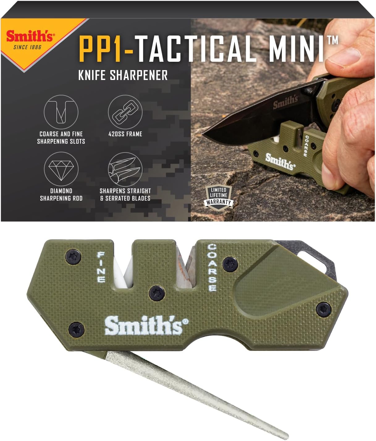 Smith’s Pocket Pal Tactical Knife Sharpener - 2 Stage Sharpener & Diamond Sharpening Rod - Pocket Clip - Outdoor Hunting Knife & Hook Sharpener - Compact & Lightweight