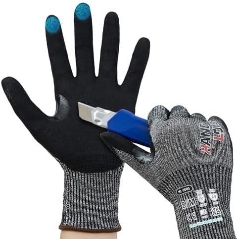 Cut Resistant Gloves – ANSI A9 Cut Proof Safety Work Gloves | Sandy Nitrile Anti-Slip, Touchscreen, Durable, PFAS Free | Wood Carving, Gardening, Glass Cutting, Car Repair – Black,1Pair,M