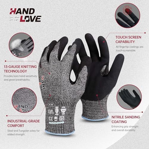 Cut Resistant Gloves – ANSI A9 Cut Proof Safety Work Gloves | Sandy Nitrile Anti-Slip, Touchscreen, Durable, PFAS Free | Wood Carving, Gardening, Glass Cutting, Car Repair – Black,1Pair,M