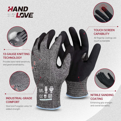Cut Resistant Gloves – ANSI A9 Cut Proof Safety Work Gloves | Sandy Nitrile Anti-Slip, Touchscreen, Durable, PFAS Free | Wood Carving, Gardening, Glass Cutting, Car Repair – Black,1Pair,M