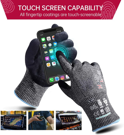 Cut Resistant Gloves – ANSI A9 Cut Proof Safety Work Gloves | Sandy Nitrile Anti-Slip, Touchscreen, Durable, PFAS Free | Wood Carving, Gardening, Glass Cutting, Car Repair – Black,1Pair,M