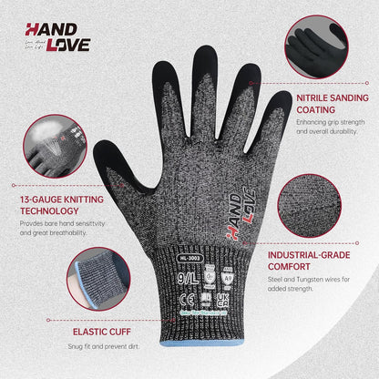 Cut Resistant Gloves – ANSI A9 Cut Proof Safety Work Gloves | Sandy Nitrile Anti-Slip, Touchscreen, Durable, PFAS Free | Wood Carving, Gardening, Glass Cutting, Car Repair – Black,1Pair,M
