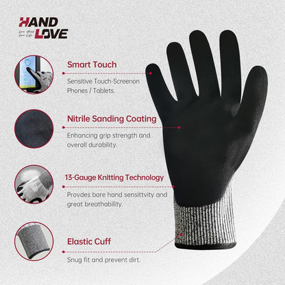 Cut Resistant Gloves – ANSI A9 Cut Proof Safety Work Gloves | Sandy Nitrile Anti-Slip, Touchscreen, Durable, PFAS Free | Wood Carving, Gardening, Glass Cutting, Car Repair – Black,1Pair,M