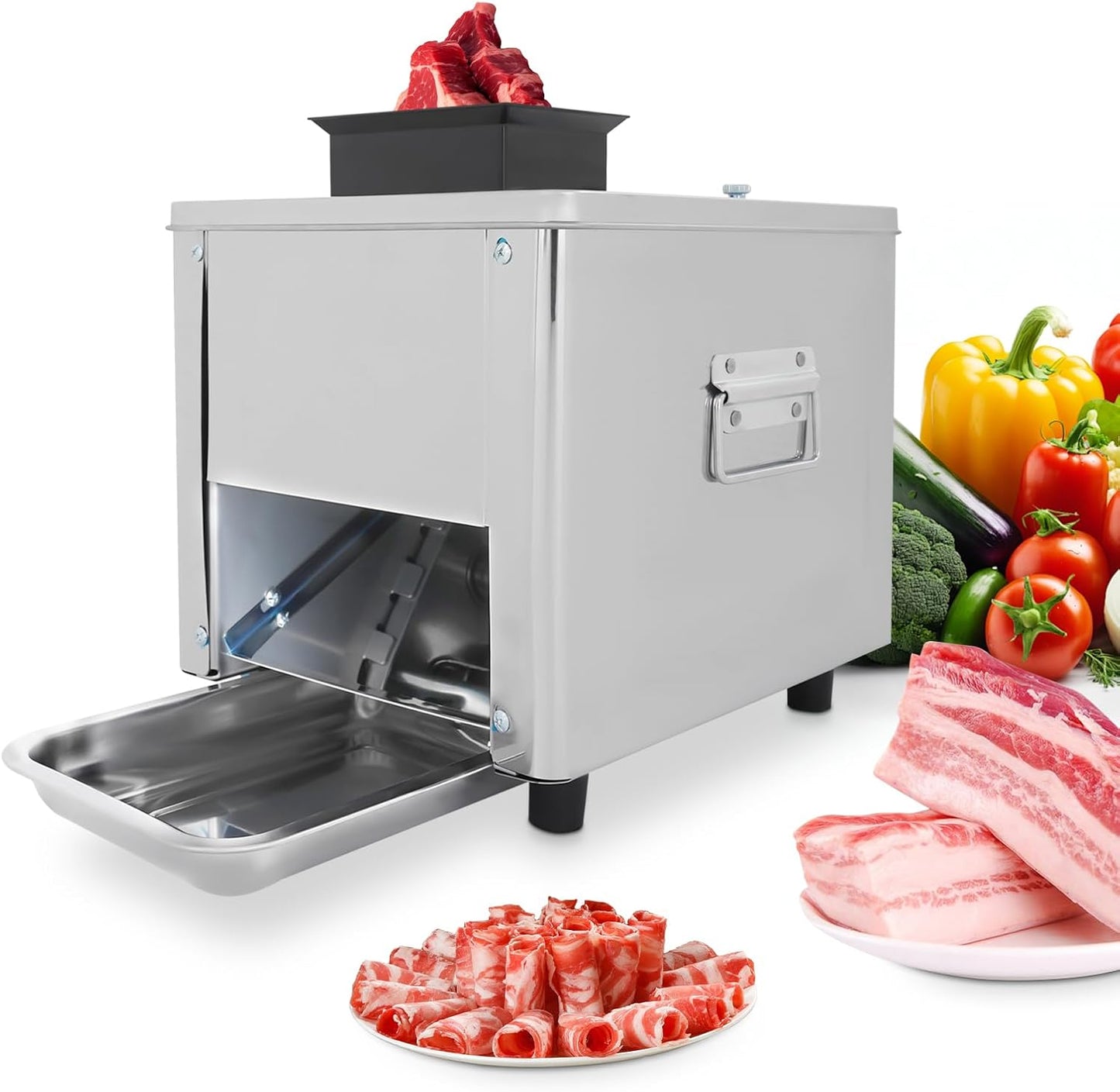 850W Meat Cutter Machine, 350 lb/h Electric Jerky Slicer with Tray, Stainless Steel 7 mm Thickness Meat slicer for Cutting Many Kinds of Fresh Meat