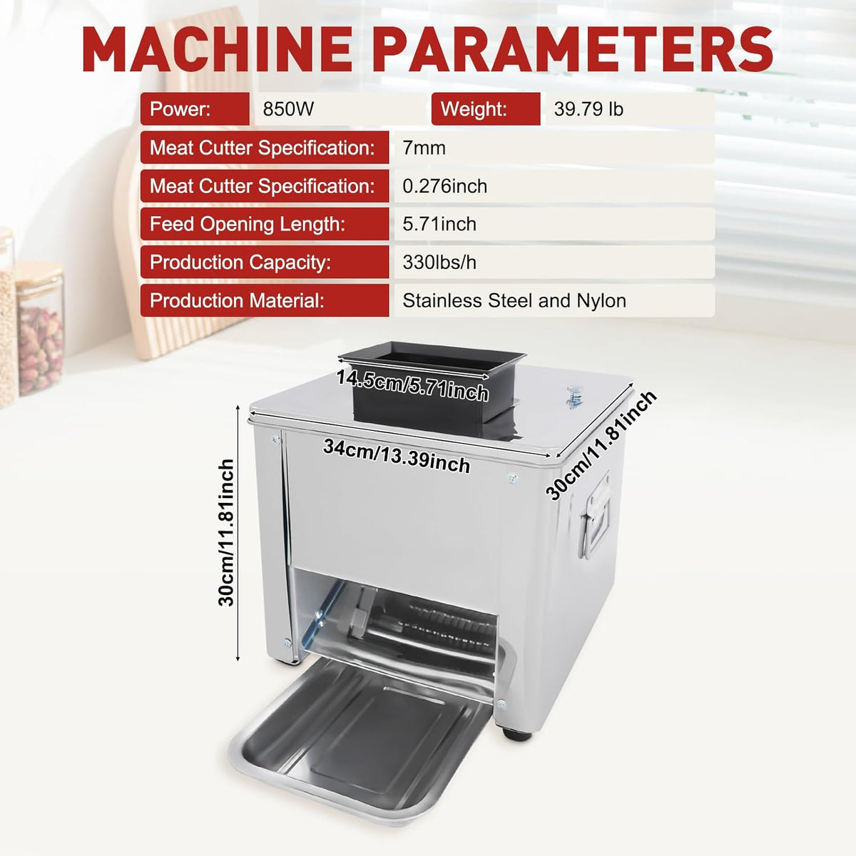 850W Meat Cutter Machine, 350 lb/h Electric Jerky Slicer with Tray, Stainless Steel 7 mm Thickness Meat slicer for Cutting Many Kinds of Fresh Meat