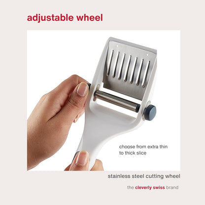 Dial & Slice Cheese Slicer - Adjustable, Handheld Cheese Slicer with Stainless Steel Edge and Ergonomic Handle White